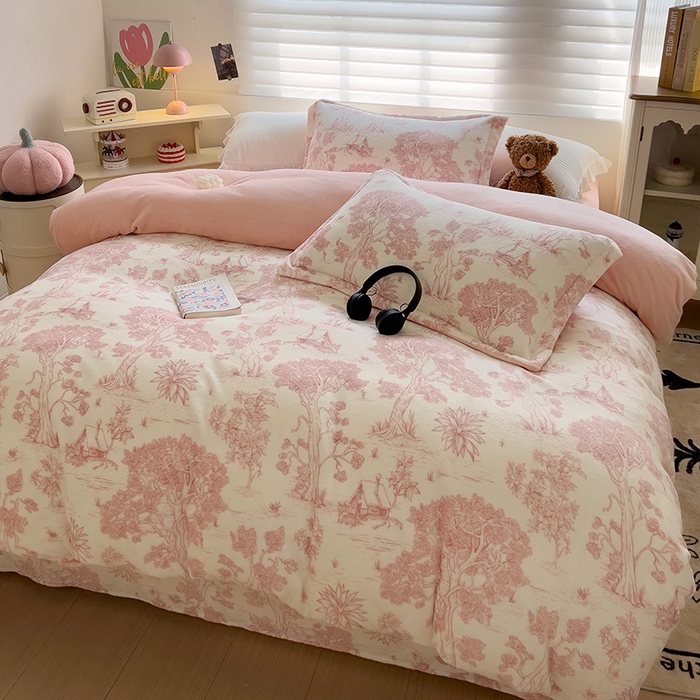 91家纺网 家纺一手货源 找家纺 乐童家纺 2024新款跑量款牛奶绒床裙四件套 花舞漫漫