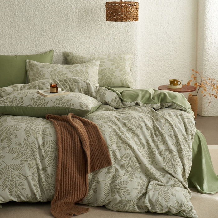 91家纺网 家纺一手货源 找家纺 慕尚家纺 2025新款磨毛提花双层纱四件套 森木绿