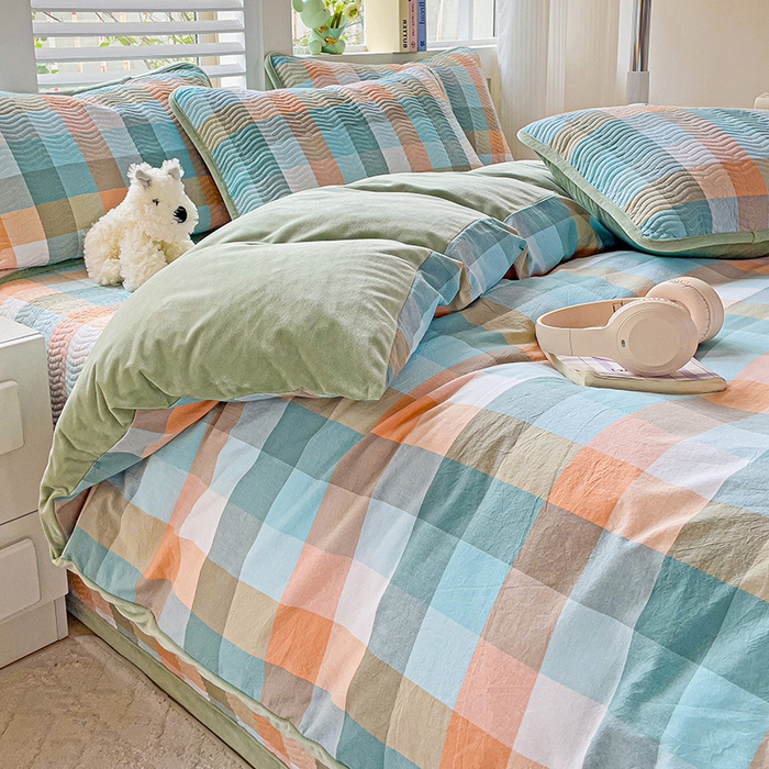 91家纺网 家纺一手货源 找家纺 羽爱家纺 2024新款全棉色织水洗宝宝绒床盖四件套 桔小格