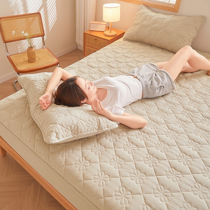 91家纺网 家纺一手货源 找家纺 3C 2024新款全棉水洗棉夹棉床笠-浅语系列 浅语-卡其