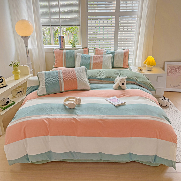 91家纺网 家纺一手货源 找家纺 羽爱家纺 2024新款全棉色织水洗宝宝绒床盖四件套 绿橘