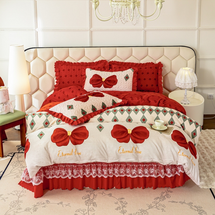 91家纺网 家纺一手货源 找家纺 美莱家纺 2024直播热款加厚秋冬牛奶绒床盖单件床罩床盖四件套 蝴蝶结