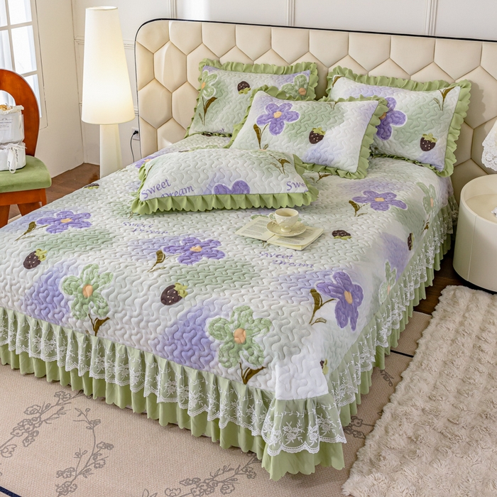 91家纺网 家纺一手货源 找家纺 美莱家纺 2024直播热款加厚秋冬牛奶绒床盖单件床罩床盖四件套 花意满满绿