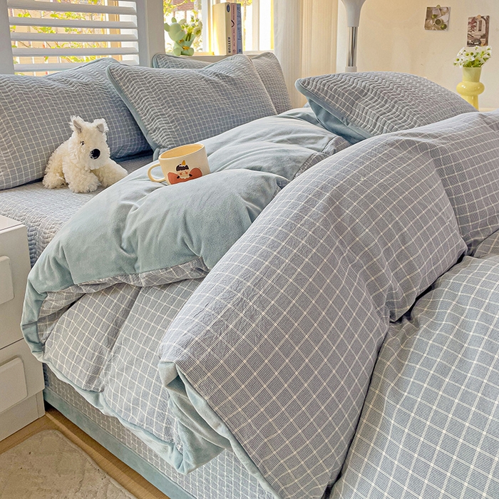 91家纺网 家纺一手货源 找家纺 羽爱家纺 2024新款全棉色织水洗宝宝绒床盖四件套 兰香谷