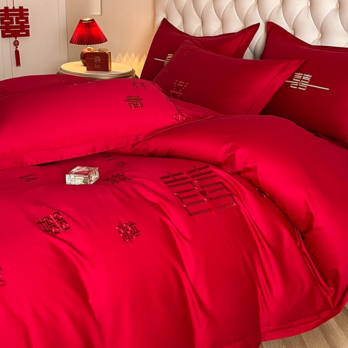 91家纺网 家纺一手货源 找家纺 千希家纺 2024新款加厚磨毛婚庆四件套 喜事多多