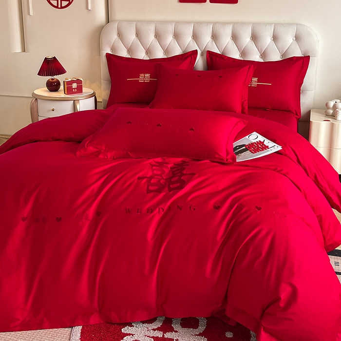 91家纺网 家纺一手货源 找家纺 千希家纺 2024新款加厚磨毛婚庆四件套 喜庆