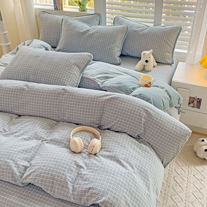 91家纺网 家纺一手货源 找家纺 羽爱家纺 2024新款全棉色织水洗宝宝绒床盖四件套 兰香谷