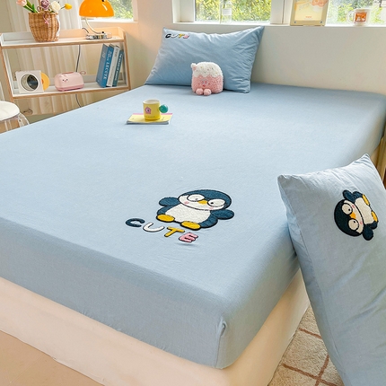 3C 2024新款全棉色织水洗棉可爱毛巾绣床笠 企鹅-蓝