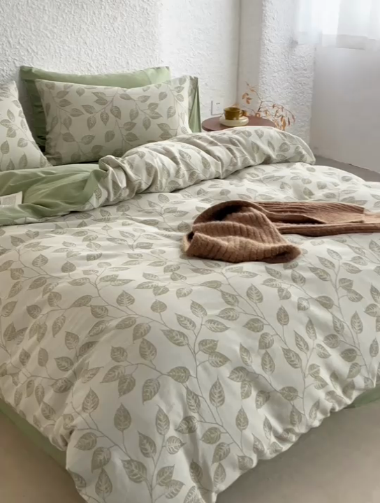 91家纺网 家纺一手货源 找家纺 慕尚家纺 2025新款磨毛提花双层纱四件套 叶韵绿