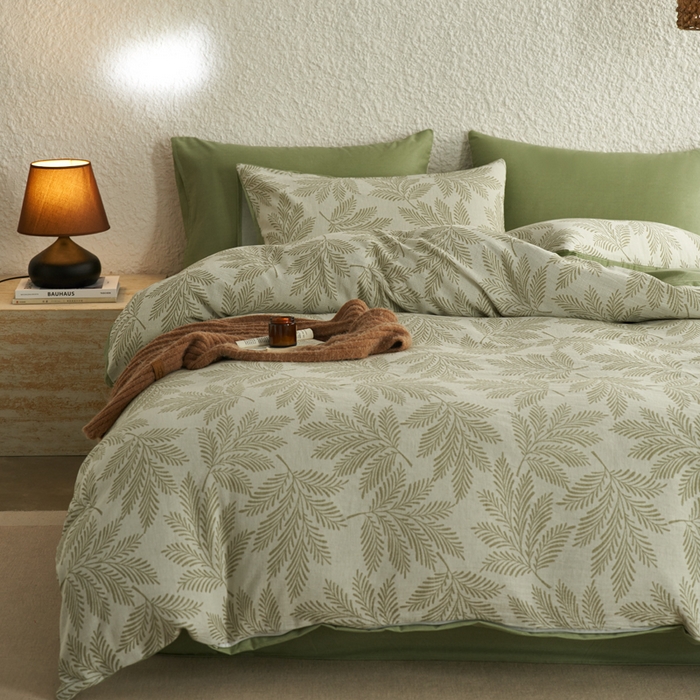 91家纺网 家纺一手货源 找家纺 慕尚家纺 2025新款磨毛提花双层纱四件套 森木绿