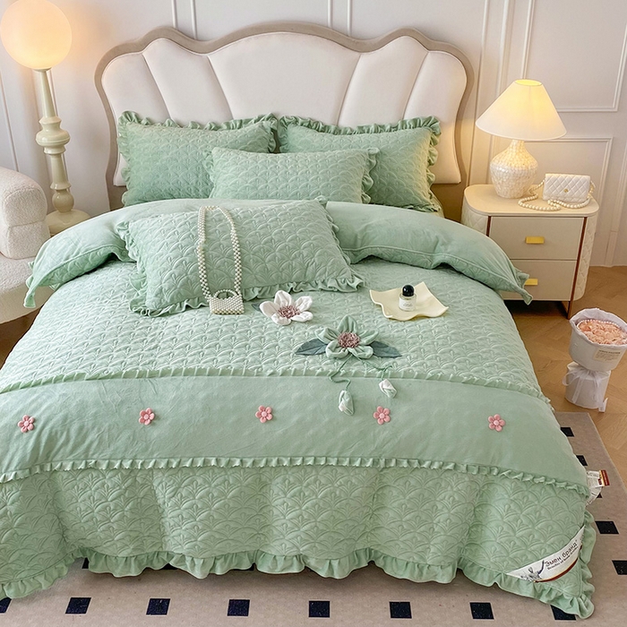 91家纺网 家纺一手货源 找家纺 兴美佳家纺 2024新款水晶绒全加棉床盖四件套-冬之恋 冬之恋-绿色