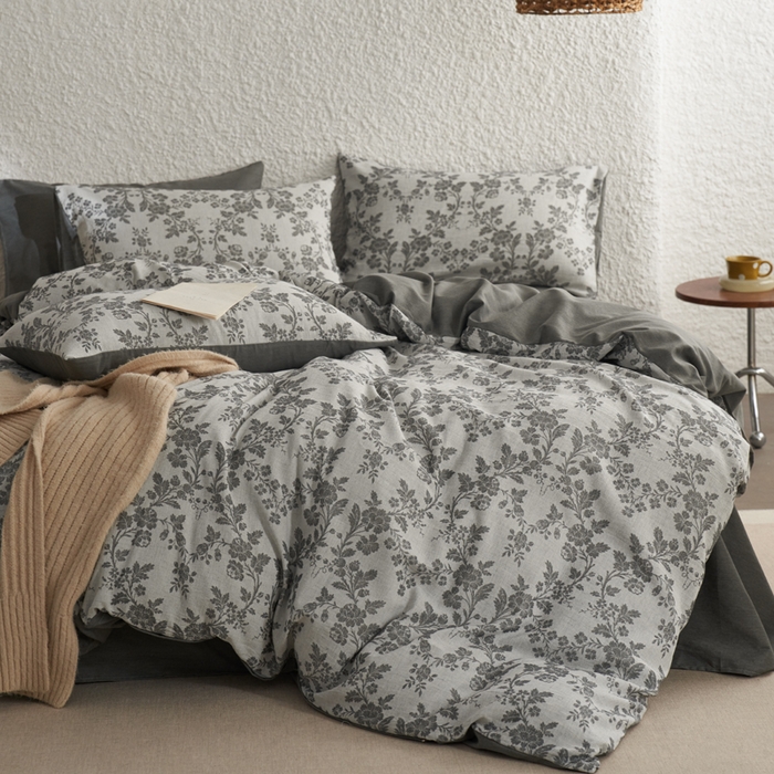 91家纺网 家纺一手货源 找家纺 慕尚家纺 2025新款磨毛提花双层纱四件套 清雅灰