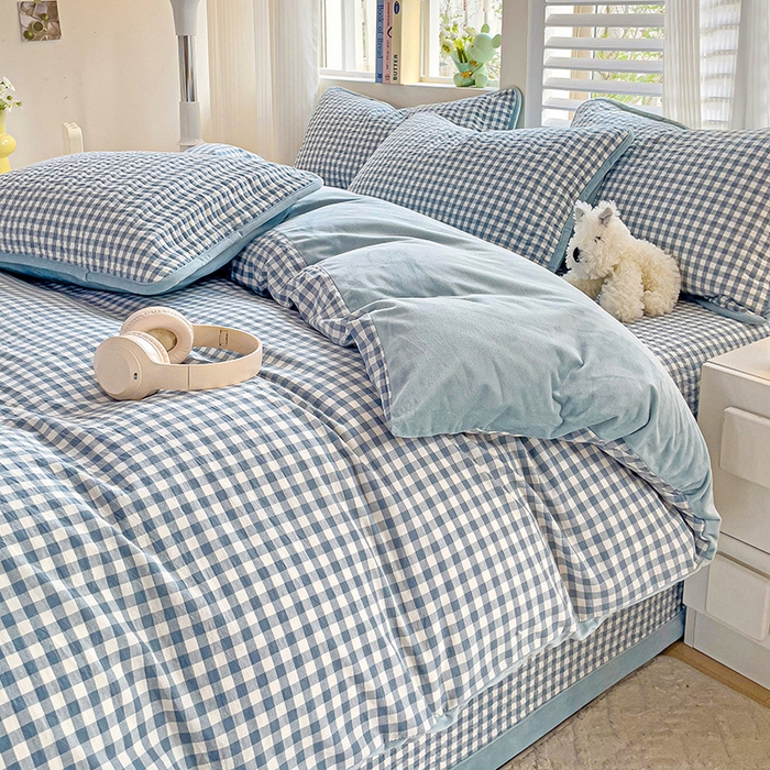 91家纺网 家纺一手货源 找家纺 羽爱家纺 2024新款全棉色织水洗宝宝绒床盖四件套 君子兰