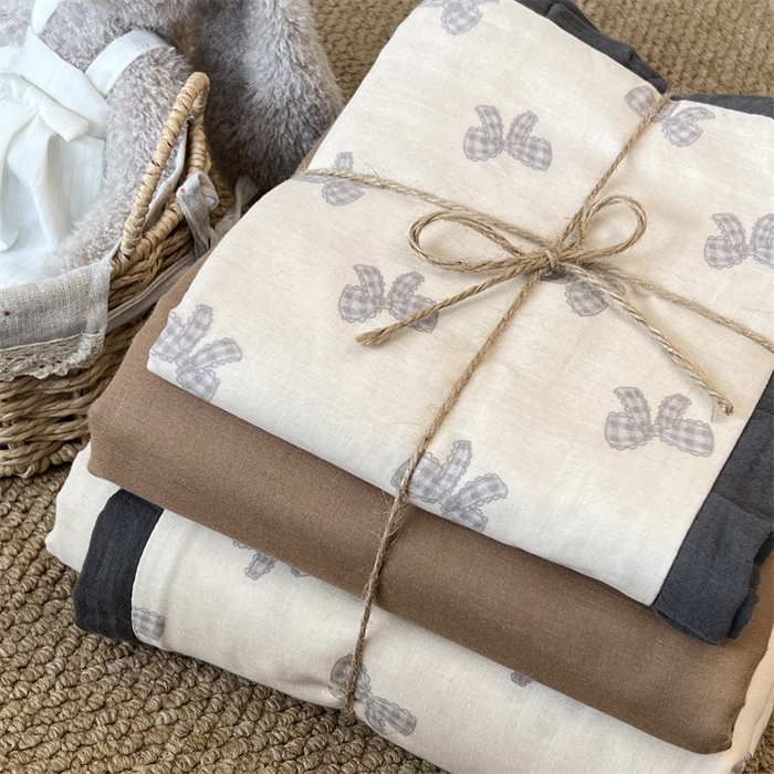 91家纺网 家纺一手货源 找家纺 荣轩 2024新款全棉印花双层纱四件套 皱皱纱花边款 花边可露丽