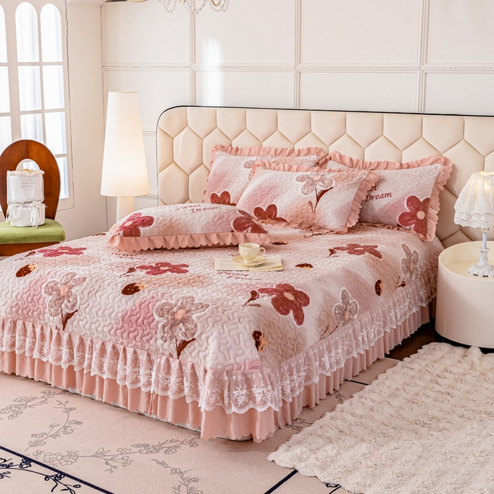 91家纺网 家纺一手货源 找家纺 美莱家纺 2024直播热款加厚秋冬牛奶绒床盖单件床罩床盖四件套 花意满满粉