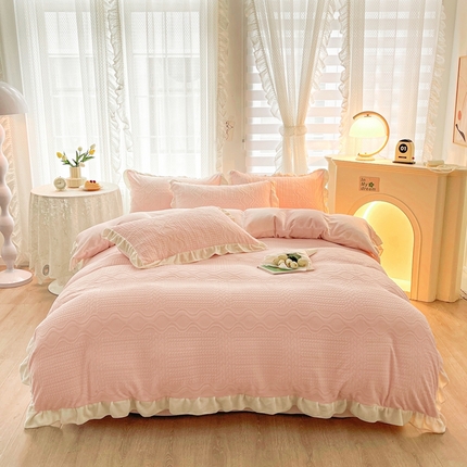 雅萱家纺 2024新款高克重牛奶绒雕花四件套-华夫 华夫-粉