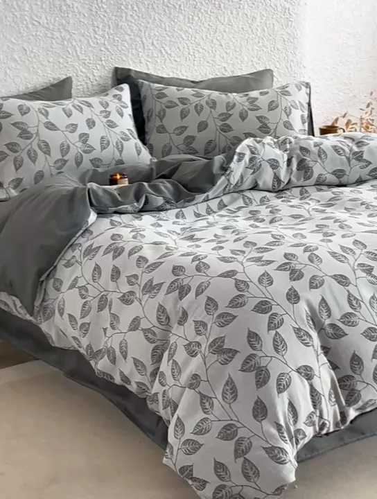 91家纺网 家纺一手货源 找家纺 慕尚家纺 2025新款磨毛提花双层纱四件套 叶韵灰