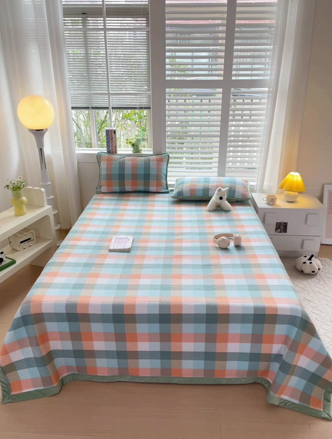 91家纺网 家纺一手货源 找家纺 羽爱家纺 2024新款全棉色织水洗宝宝绒床盖三件套 桔小格