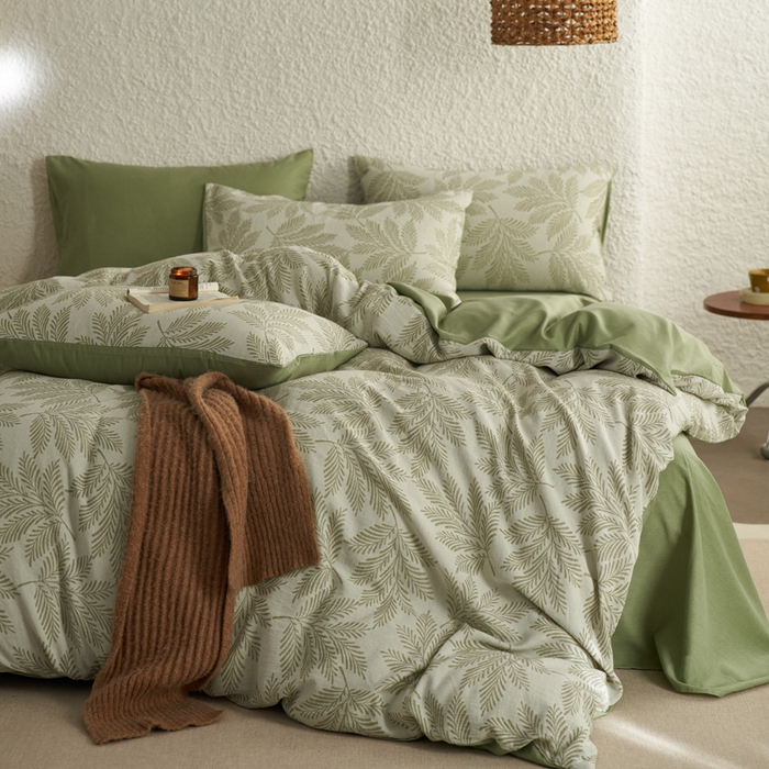 91家纺网 家纺一手货源 找家纺 慕尚家纺 2025新款磨毛提花双层纱四件套 森木绿