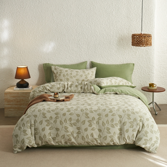 91家纺网 家纺一手货源 找家纺 慕尚家纺 2025新款磨毛提花双层纱四件套 叶韵绿