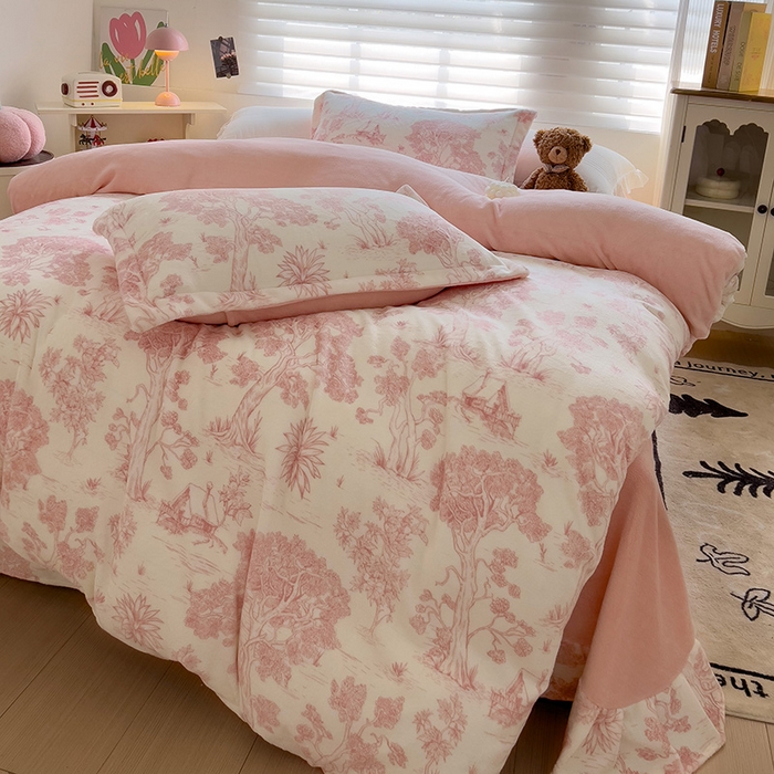 91家纺网 家纺一手货源 找家纺 乐童家纺 2024新款跑量款牛奶绒床裙四件套 花舞漫漫