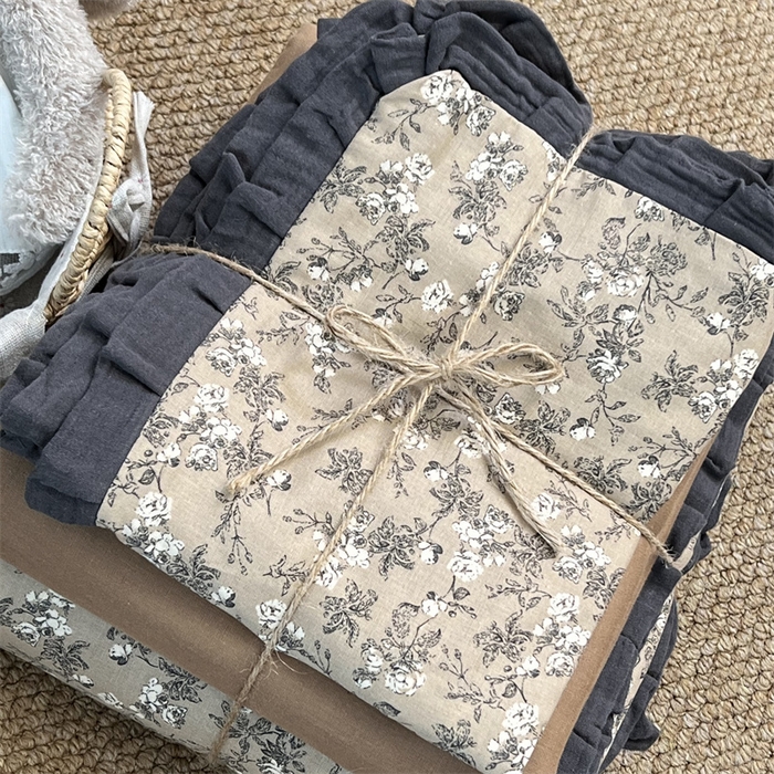 91家纺网 家纺一手货源 找家纺 荣轩 2024新款全棉印花双层纱四件套 皱皱纱花边款 花边美式