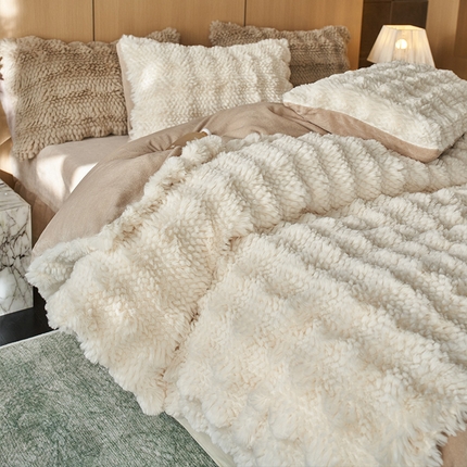 安哆啦家纺 2024新款高克重10斤轻奢托斯卡纳兔毛绒喷花泡泡牛奶绒四件套 喷花-奶白咖