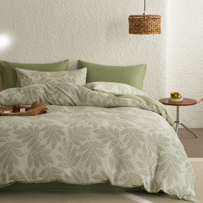 91家纺网 家纺一手货源 找家纺 慕尚家纺 2025新款磨毛提花双层纱四件套 森木绿