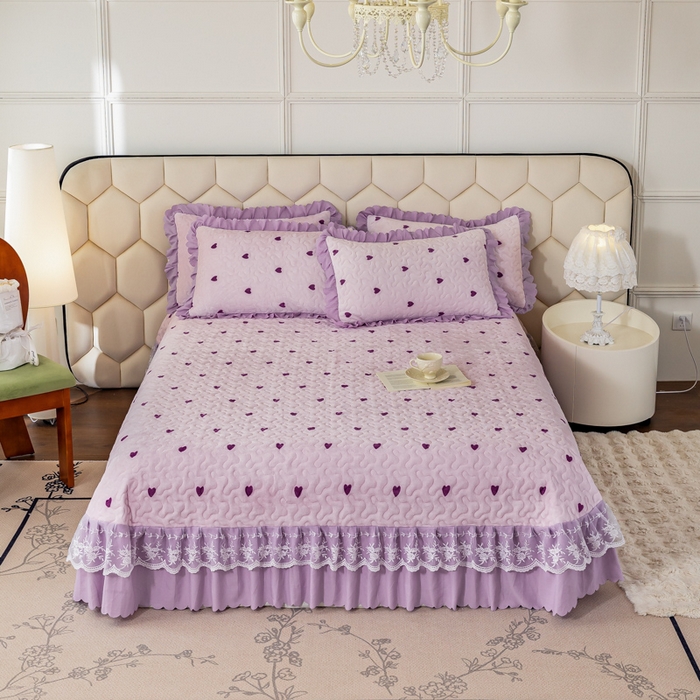 91家纺网 家纺一手货源 找家纺 美莱家纺 2024直播热款加厚秋冬牛奶绒床盖单件床罩床盖四件套 紫爱心