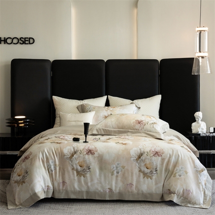 91家纺网 家纺一手货源 找家纺 初拾 2024新款60s天丝棉磨毛数码印花四件套 花簇-米黄