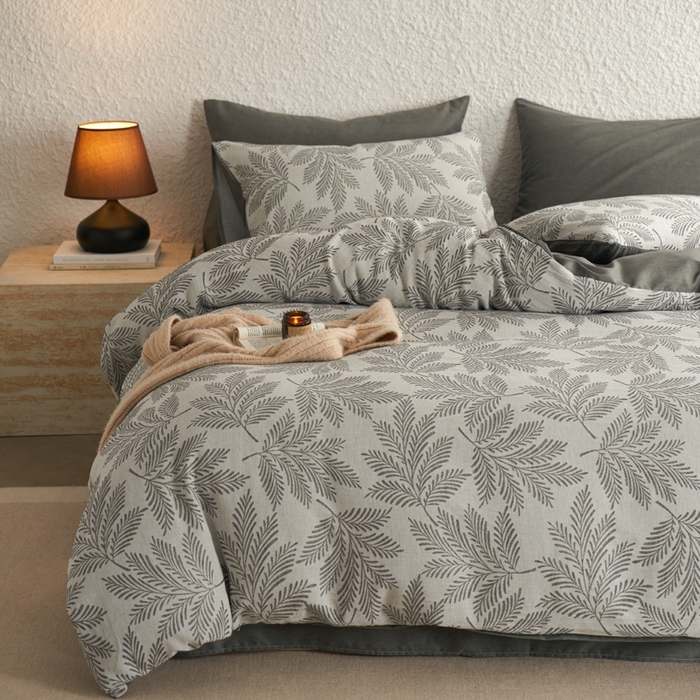 91家纺网 家纺一手货源 找家纺 慕尚家纺 2025新款磨毛提花双层纱四件套 森木灰