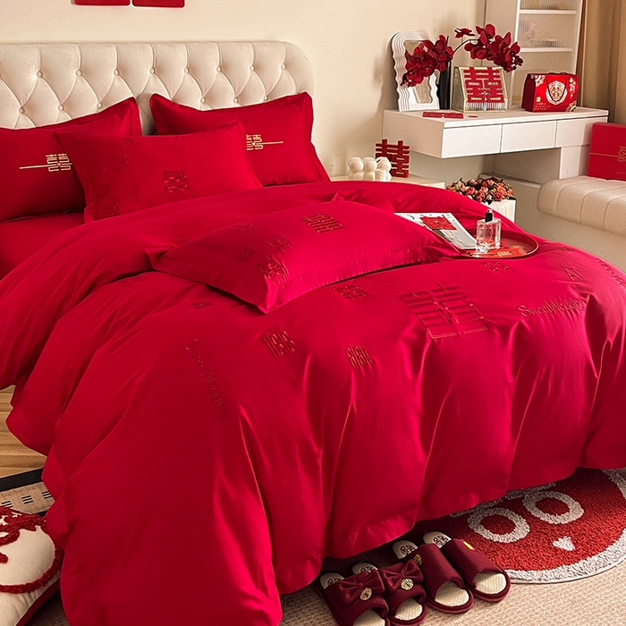 91家纺网 家纺一手货源 找家纺 千希家纺 2024新款加厚磨毛婚庆四件套 喜事多多