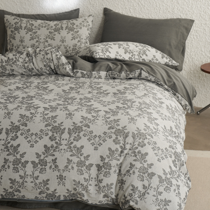 91家纺网 家纺一手货源 找家纺 慕尚家纺 2025新款磨毛提花双层纱四件套 清雅灰