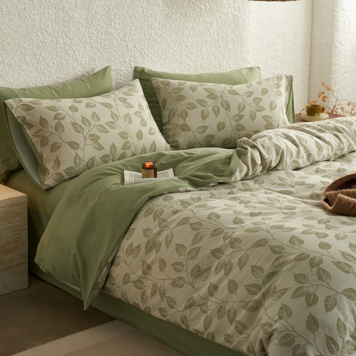 91家纺网 家纺一手货源 找家纺 慕尚家纺 2025新款磨毛提花双层纱四件套 叶韵绿