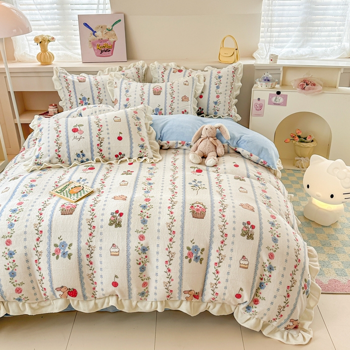 91家纺网 家纺一手货源 找家纺 典曼家纺 2024新款A类韩版牛奶绒四件套 花园小兔