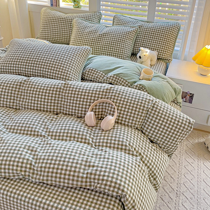 91家纺网 家纺一手货源 找家纺 羽爱家纺 2024新款全棉色织水洗宝宝绒床盖四件套 绿意盎然