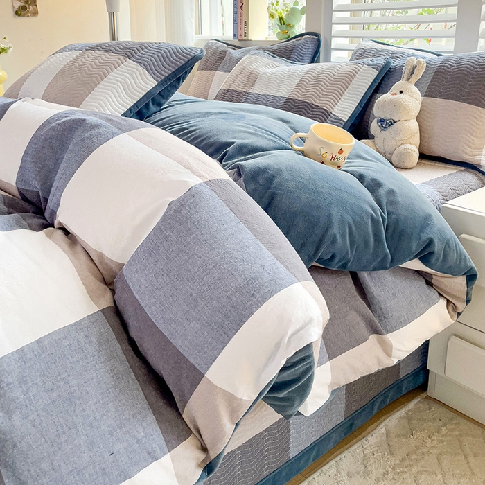 91家纺网 家纺一手货源 找家纺 羽爱家纺 2024新款全棉色织水洗宝宝绒床盖四件套 沁兰