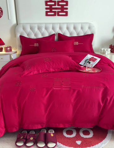 91家纺网 家纺一手货源 找家纺 千希家纺 2024新款加厚磨毛婚庆四件套 喜庆