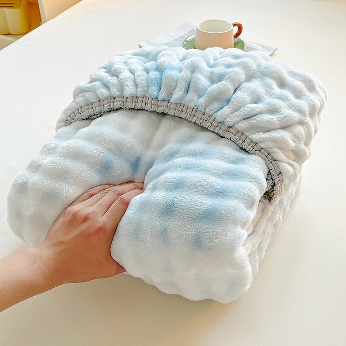 91家纺网 家纺一手货源 找家纺 喜居 2024新款A类兔毛泡泡牛奶绒床笠单床笠三件套 小美好-蓝