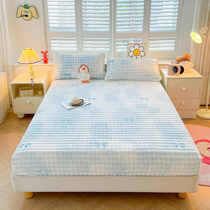 91家纺网 家纺一手货源 找家纺 喜居 2024新款A类兔毛泡泡牛奶绒床笠单床笠三件套 小美好-蓝