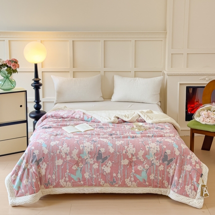 金丝鸟 2024加厚240g立体雕花牛奶绒夹棉绗缝手包毛毯毯子 蝴蝶花 粉 手包毯