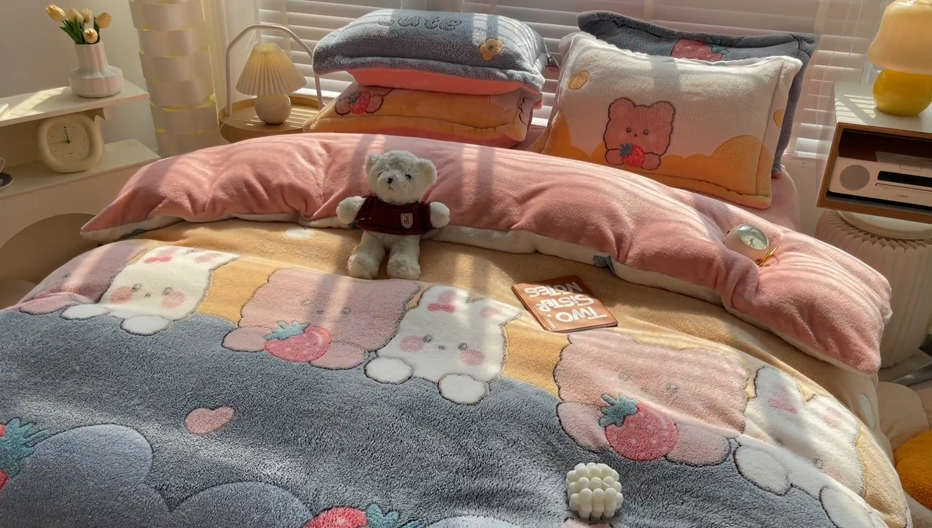 91家纺网 家纺一手货源 找家纺 梵克保罗 2024秋冬新品立体雪花绒单被套牛奶绒法莱绒雕花绒兔毛卡通四件套学生三件套 草莓熊