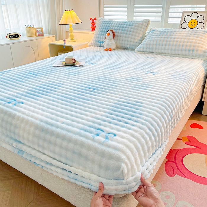 91家纺网 家纺一手货源 找家纺 喜居 2024新款A类兔毛泡泡牛奶绒床笠单床笠三件套 小美好-蓝