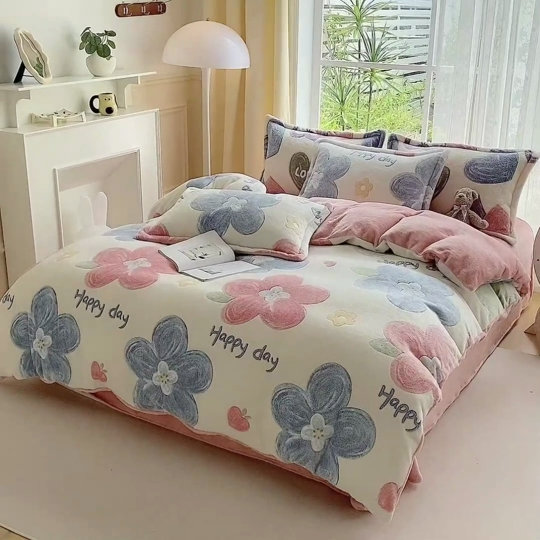 91家纺网 家纺一手货源 找家纺 梵克保罗 2024秋冬新品立体雪花绒单被套牛奶绒法莱绒雕花绒兔毛卡通四件套学生三件套 缤纷花园