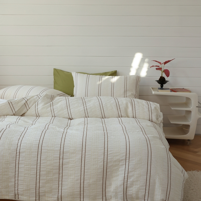 91家纺网 家纺一手货源 找家纺 棉眠 2024新款水洗皱皱纱色织提花线条混搭系列四件套 咖黄细条配咖