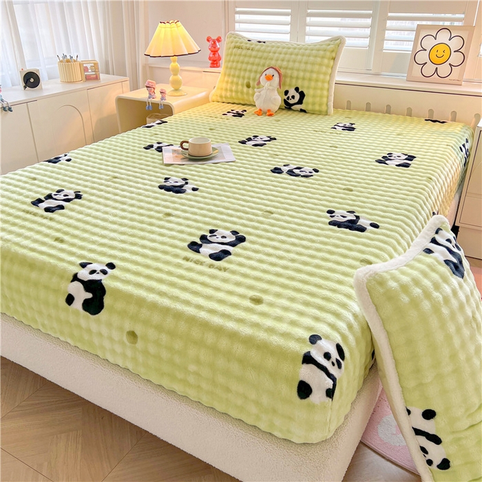 91家纺网 家纺一手货源 找家纺 喜居 2024新款A类兔毛泡泡牛奶绒床笠单床笠三件套 小熊宝