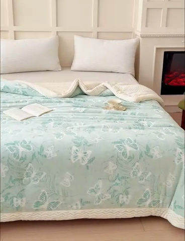 91家纺网 家纺一手货源 找家纺 金丝鸟 2024加厚240g立体雕花牛奶绒夹棉绗缝手包毛毯毯子 蝴蝶飞 绿 手包毯