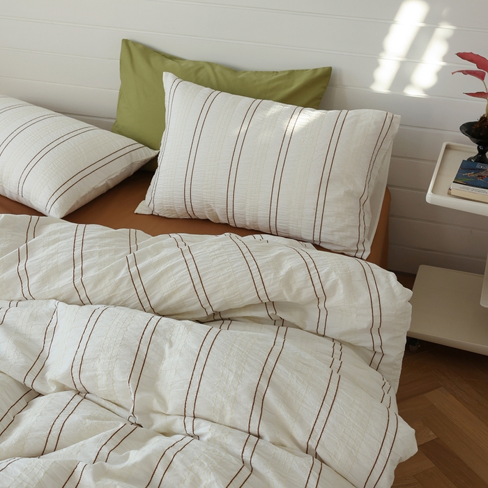 91家纺网 家纺一手货源 找家纺 棉眠 2024新款水洗皱皱纱色织提花线条混搭系列四件套 咖黄细条配咖