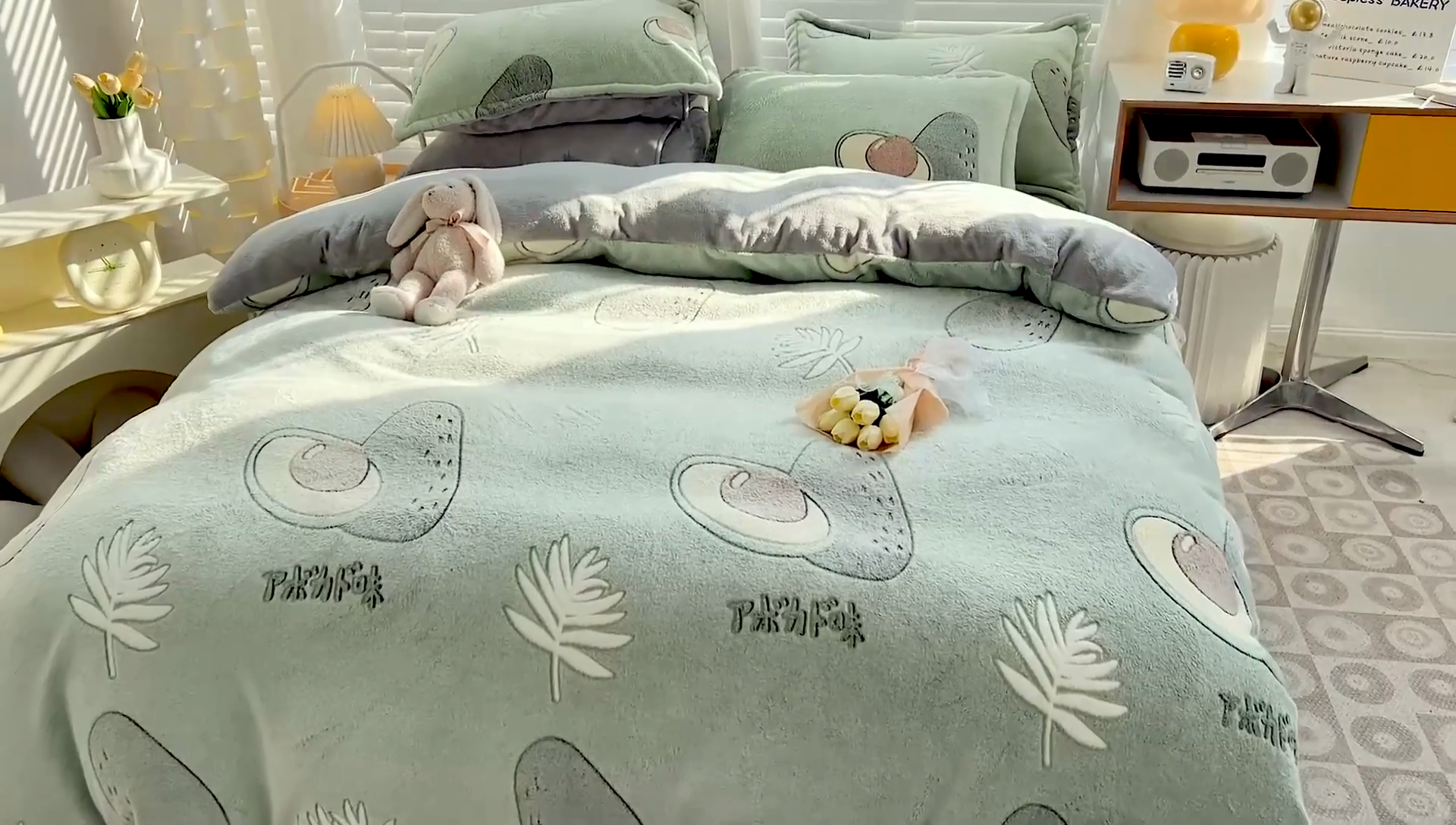 91家纺网 家纺一手货源 找家纺 梵克保罗 2024秋冬新品立体雪花绒单被套牛奶绒法莱绒雕花绒兔毛卡通四件套学生三件套 爱心牛油果