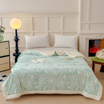 金丝鸟 2024加厚240g立体雕花牛奶绒夹棉绗缝手包毛毯毯子 蝴蝶飞 绿 手包毯